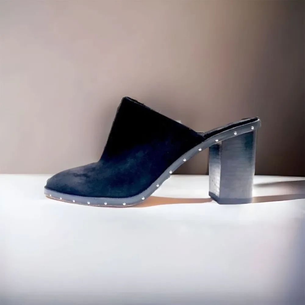 Rebecca Minkoff black suede studded leather block heel mule women’s size 7
